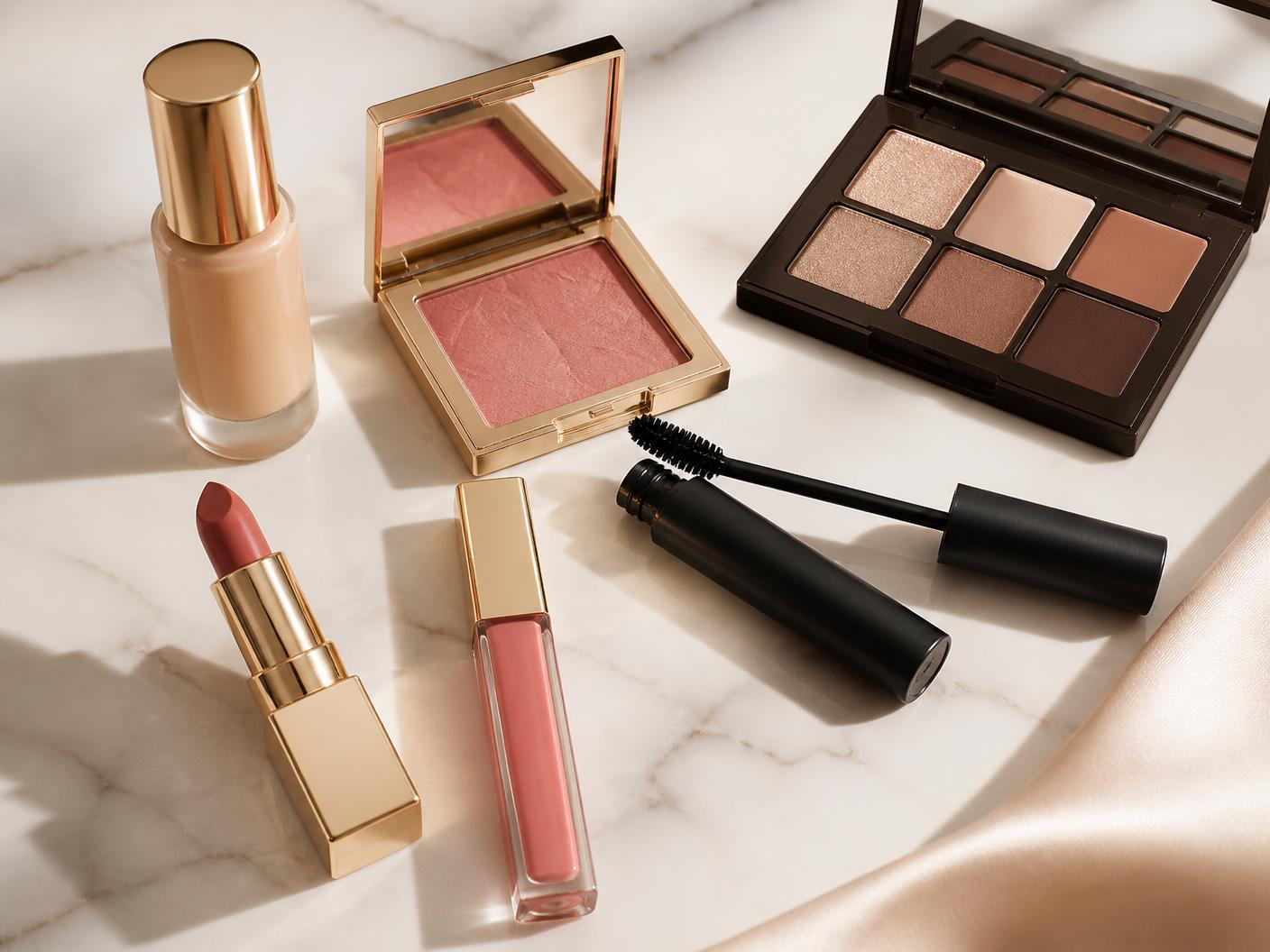 Sélection de produits beauté premium disposés ensemble : rouges à lèvres, blush, mascara, fond de teint et palette